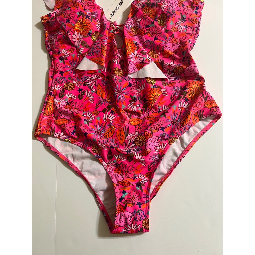 Sporlike Womens Pink Floral Ruffle V-Neck Lace Up One Piece Swimsuit Size L NEW - Picture 3 of 7